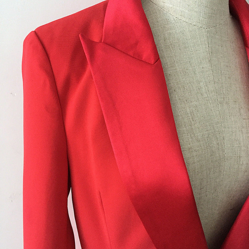 European fashion new women's coat, red satin-stitched collar, long slim suit. A&S Collection