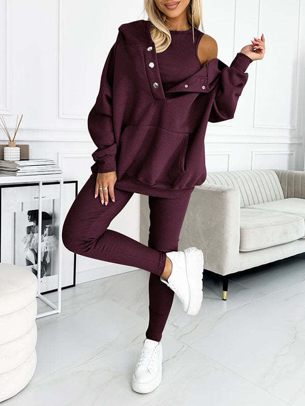 3pcs Women's Sports Suit Loose Hooded Pockets Sweatshirt And Vest And Slim Trousers A&S Collection