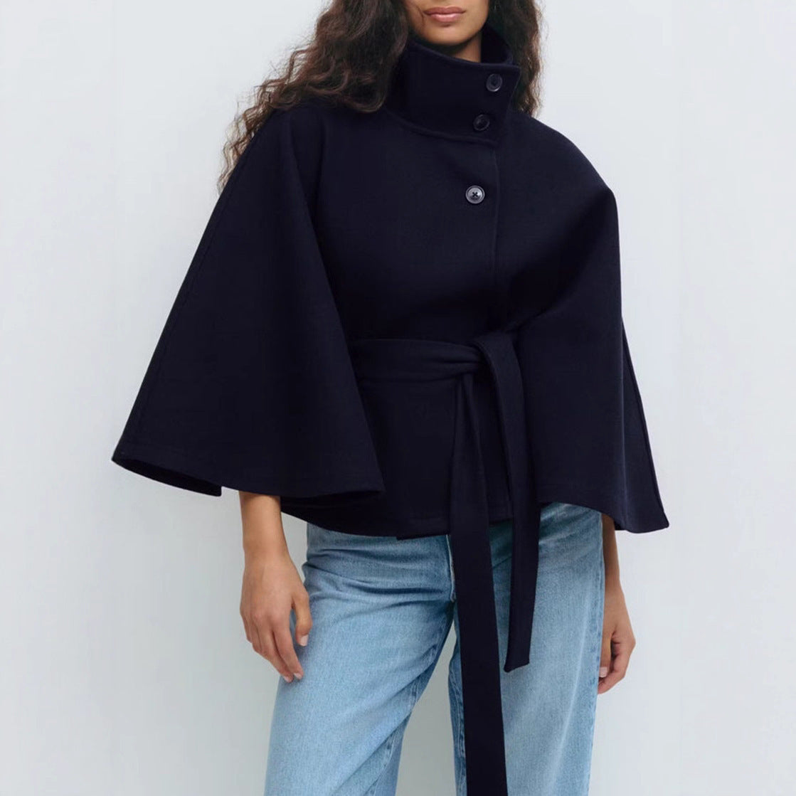 Winter High Neck Batwing Sleeve Coat With Belt Fashion Loose Elegant Button Top Trench Coat For Women Clothing A&S Collection