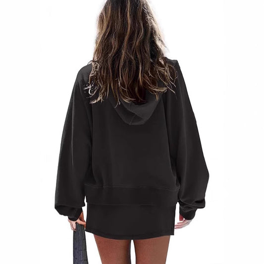 A two-piece set of a solid color long-sleeved hooded sweatshirt with a ribbed hem and a zipper Hypersku