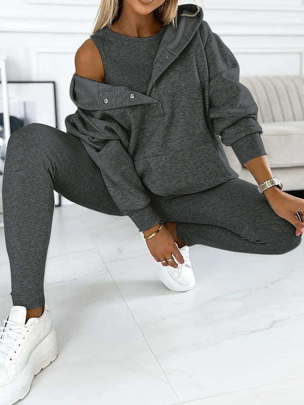 3pcs Women's Sports Suit Loose Hooded Pockets Sweatshirt And Vest And Slim Trousers A&S Collection