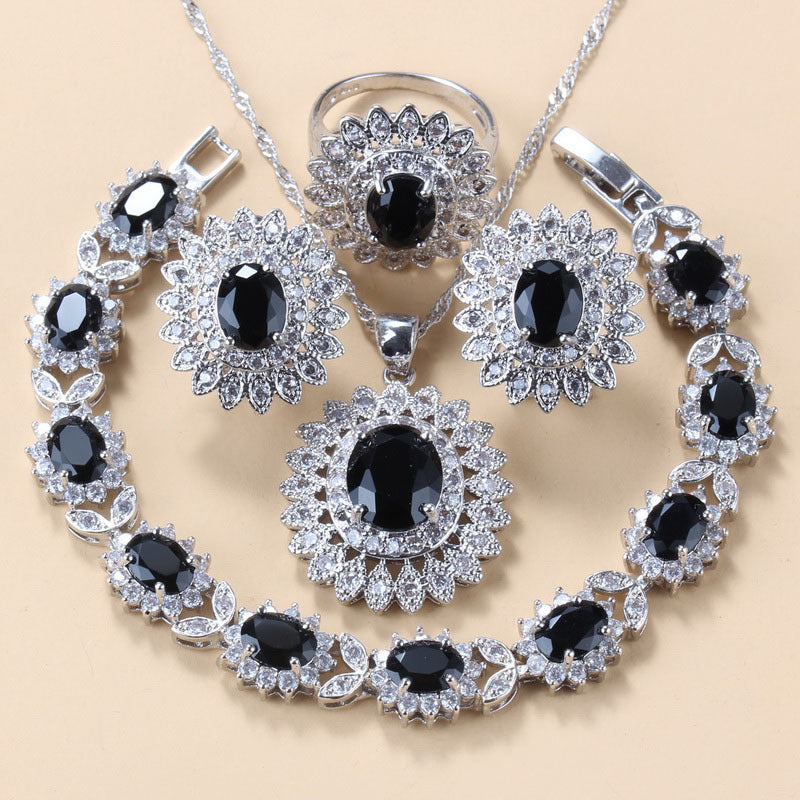 Garnet Cubic Zirconia Earrings Pendant Necklace Bracelet Ring Gift 4 PCs Set A&S Collection