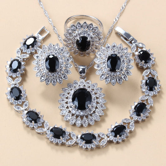 Garnet Cubic Zirconia Earrings Pendant Necklace Bracelet Ring Gift 4 PCs Set A&S Collection