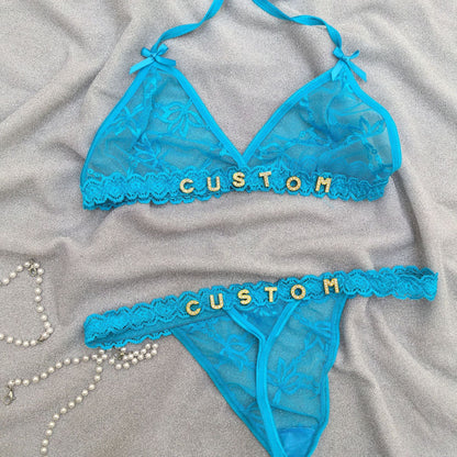 Custom Lingerie Set For Women Thong Panties Bra Set With Name Rhinestone Customized Thongs Personalized G-String Jewelry Gift CJ