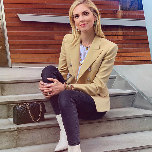 European and American star fashion: Women's double-breasted khaki slim suit with metal buckles Hypersku