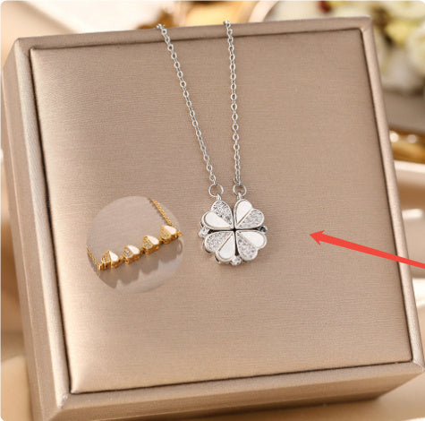 Elegant Four-Leaf Clover Pendant Necklace: Stainless Steel Design with Crystal Heart – A Perfect Luxury Gift for Women Seeking Timeless Style CJ