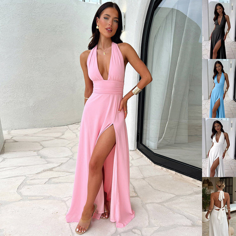 Sexy Halterneck V-neck Slit Dress Summer Backless Strappy Skirt Fashion Temperament Clothing Women CJ