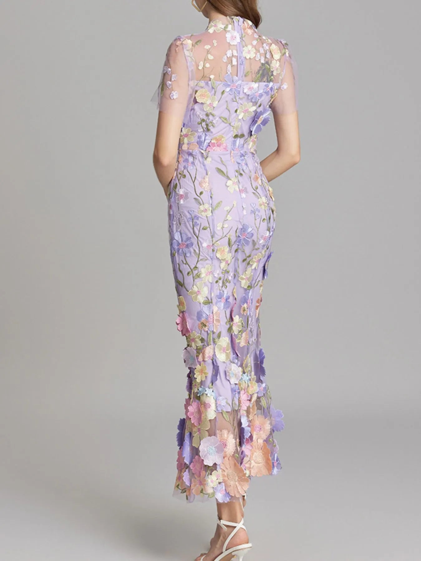 Floral Embroidered Mesh Overlay Maxi Dress.