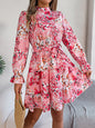 Standing Collar Floral Print Waist-controlled Long Sleeves Ruffled A-line Dresses For Women Spring Autumn Ruffle Edge Long Dress.