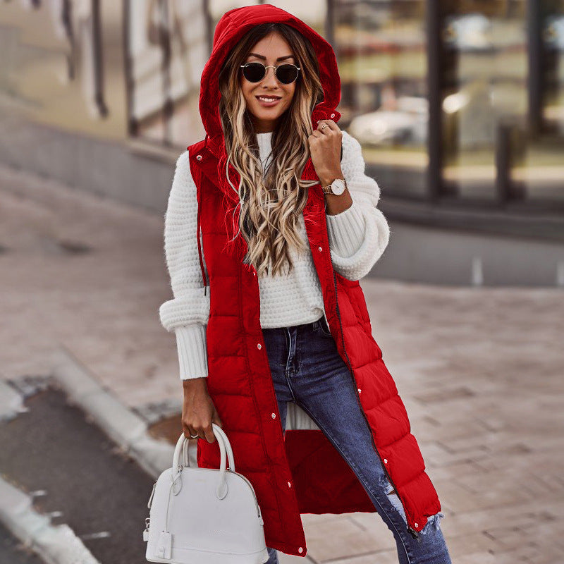 Solid color hooded single breasted medium long cotton-padded vest slim temperament cardigan coat top Hypersku