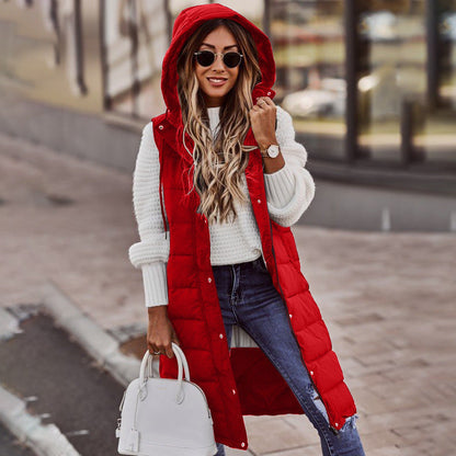 Solid color hooded single breasted medium long cotton-padded vest slim temperament cardigan coat top Hypersku
