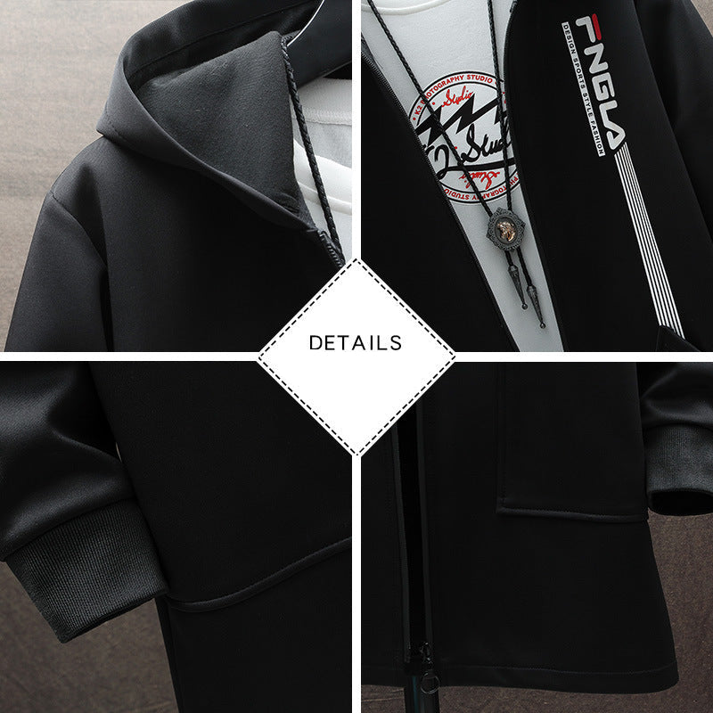 Tide brand Large Size Chinese style jacket Jacket Medium long hooded windbreaker male solid color printed long windbreaker male A&S Collection