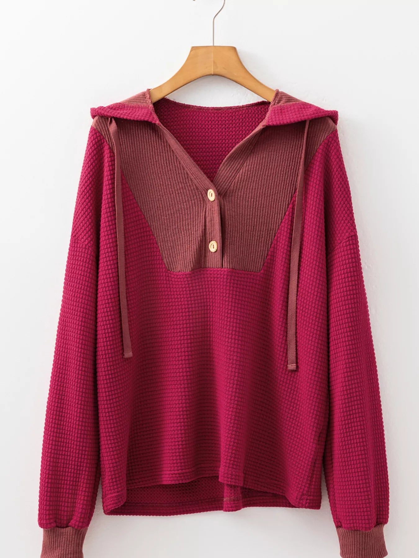 Waffle Knit Henley Sweatshirt with Button Detail.