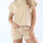 Women's Solid Color Short Sleeve Leisure Suit - Stylish Lace-Up Drawstring Design for Everyday Comfort CJ