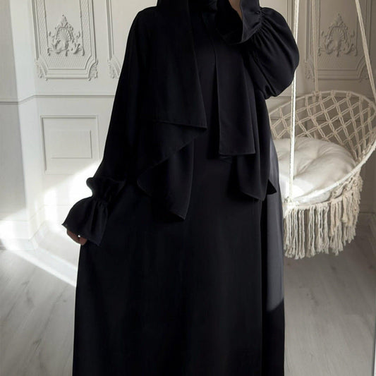 All flared sleeve dress- This elegant, long-sleeved dress features a sophisticated high neck with a draped scarf detail, perfect for a refined look. A&S Collection