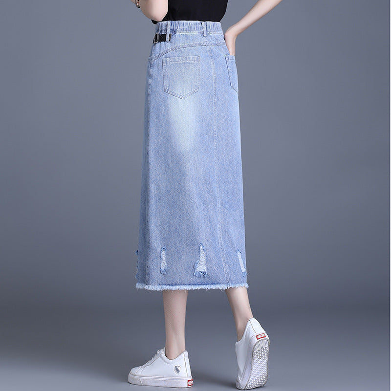Trendy Korean front slit denim skirt, summer slimming and chic A&S Collection