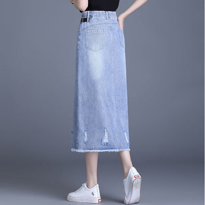 Trendy Korean front slit denim skirt, summer slimming and chic A&S Collection
