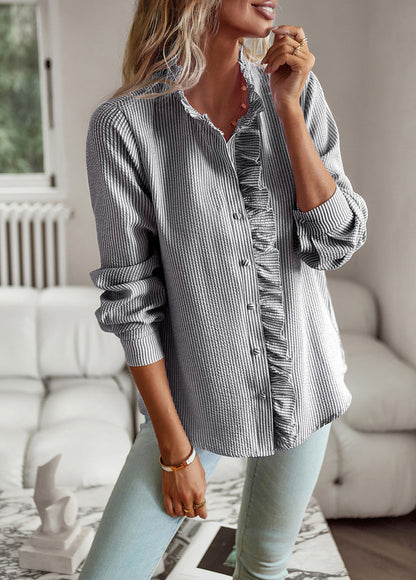Striped Long Sleeve Shirt Fashion Ruffle Design Button Up Tops Casual Office Blouse Elegant Commuting Women's Clothing A&S Collection