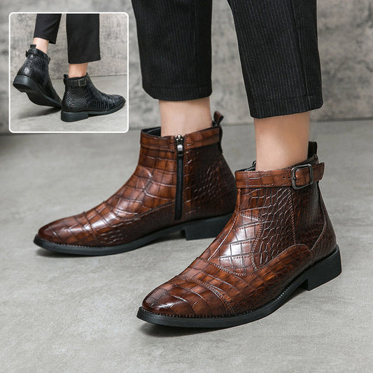 Men's Crocodile Pattern Boots Fashion Pointed Toe Low Square Heel Buckle Zipper Ankle Boots Business Formal Leather Shoes A&S Collection
