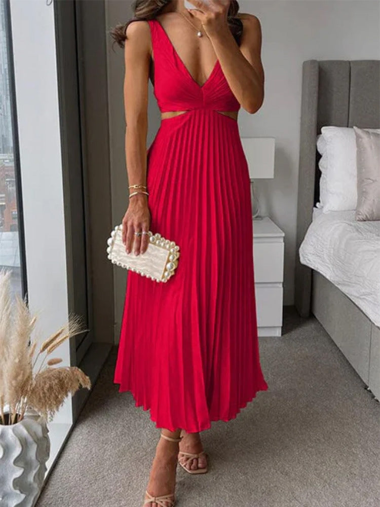 Ins Suspender Pleated Long Dress With Hollow-waisted Design Fashion V-neck Backless Dresses Summer Women's Clothing A&S Collection