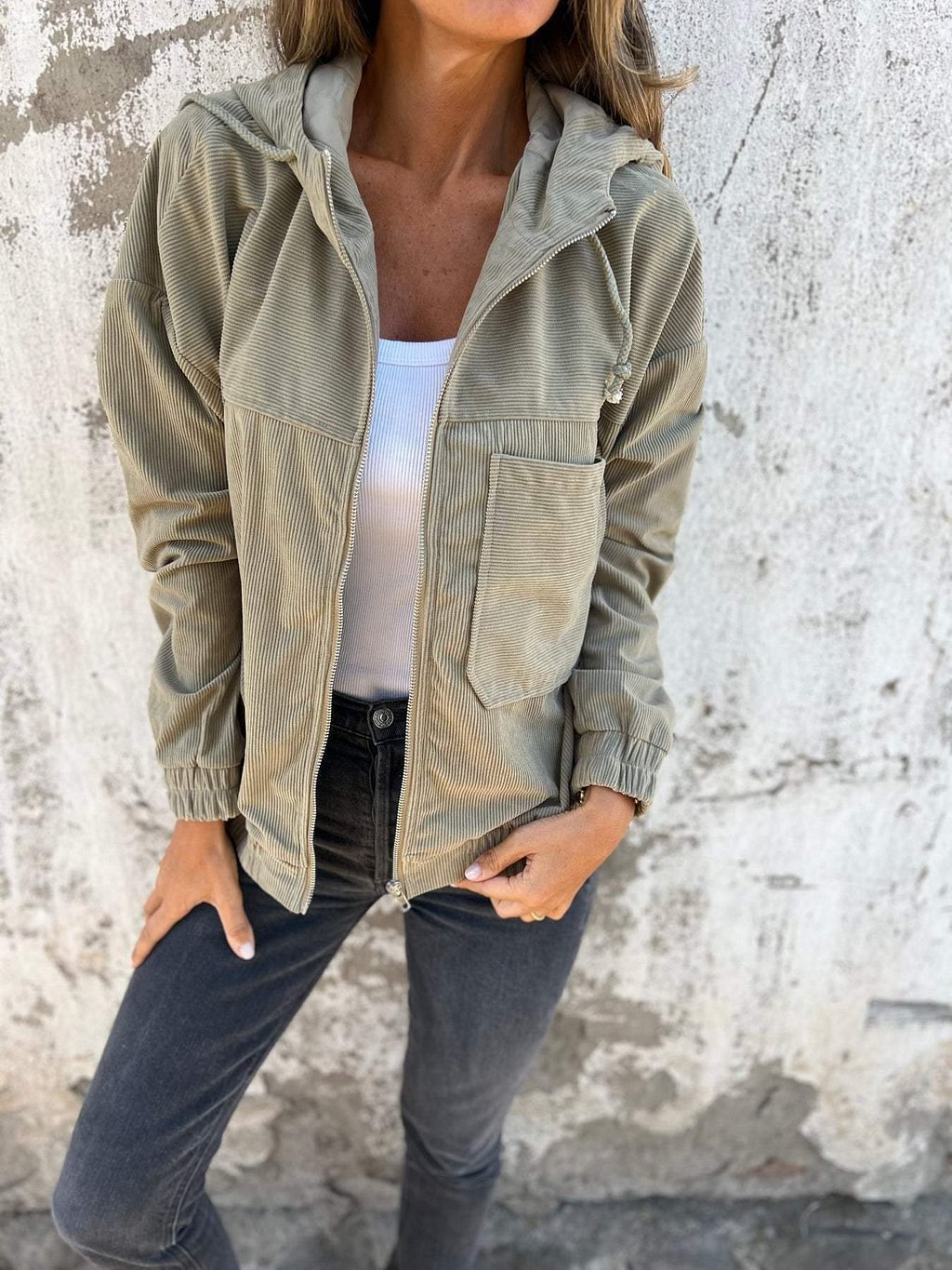 Corduroy Hooded Zip-up Jacket With Pockets Fashion Casual Drawstring Tops Outerwear Women's Clothing CJ