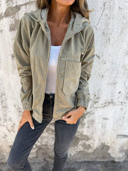 Corduroy Hooded Zip-up Jacket With Pockets Fashion Casual Drawstring Tops Outerwear Women's Clothing CJ