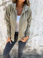 Corduroy Hooded Zip-up Jacket With Pockets Fashion Casual Drawstring Tops Outerwear Women's Clothing CJ