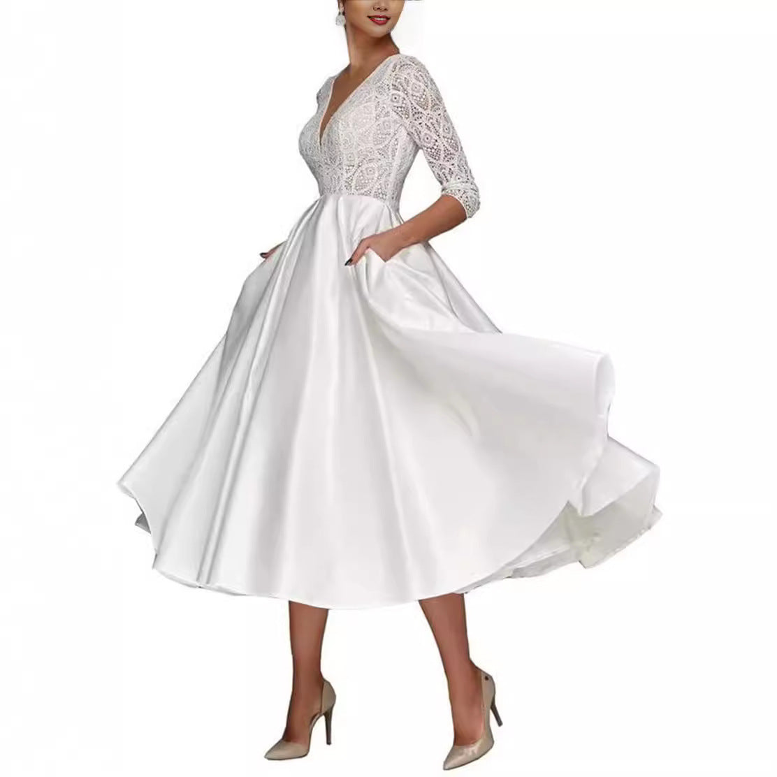 Bridal Deep V-neck Slim Lace Mid-length Long Sleeve Wedding Dresses A&S Collection