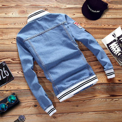 This stylish men's denim jacket features a casual, loose fit with trendy patches and embroidery, perfect for autumn and winter wear in the Harajuku BF style A&S Collection