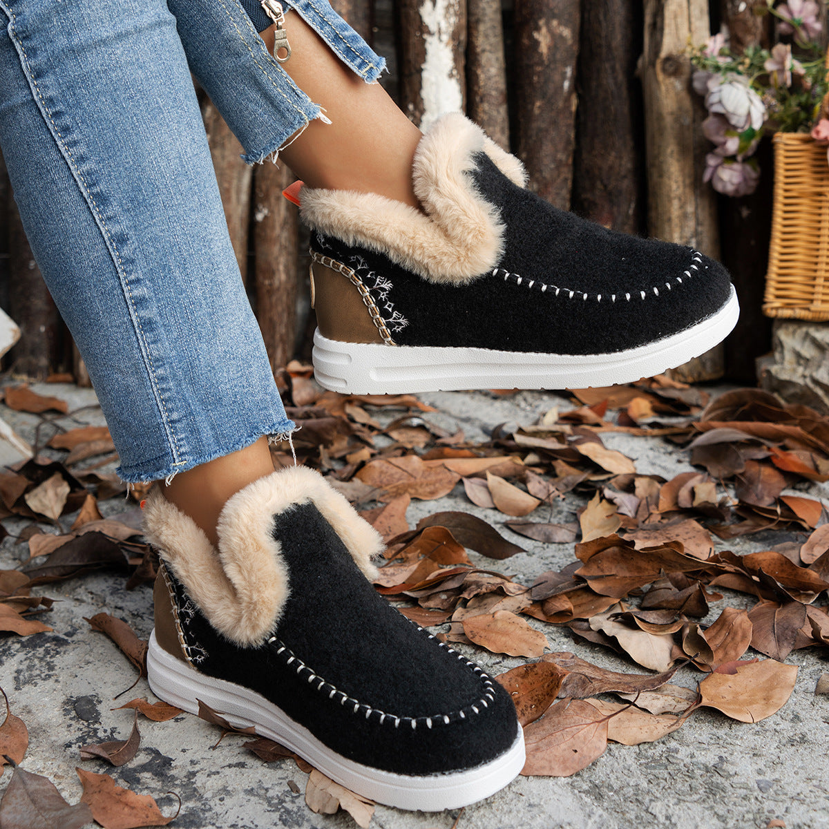 Plus Size Fleece-lined Thicker Raw Edge Warm Flat Bottom Cotton Shoes A&S Collection
