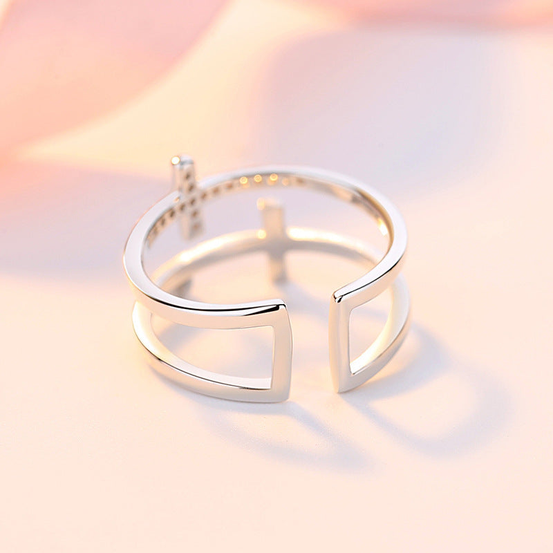 Double Cross Miniature Ring: Elegant Copper Design with Inlaid Zircon – Perfect for Adding a Touch of Sparkle and Sophistication to Any Look CJ