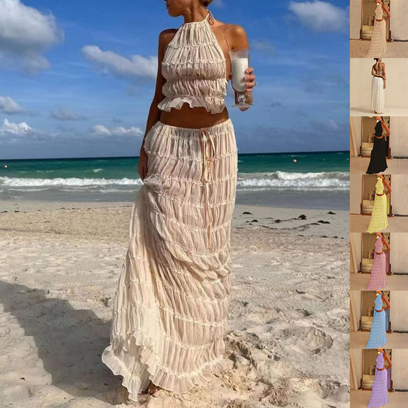 2pcs Women's Dress Suit Sexy Sleeveless Backless Cropped Halter Top And Pleated Long Skirt Beach Clothing A&S Collection