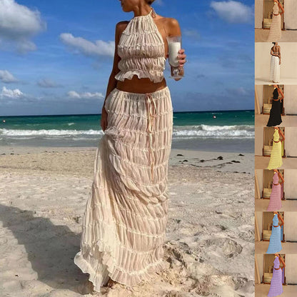 2pcs Women's Dress Suit Sexy Sleeveless Backless Cropped Halter Top And Pleated Long Skirt Beach Clothing A&S Collection