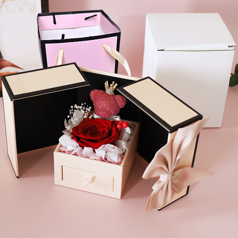 Charming Double Door Bear Rose Jewelry Box: Elegant Eternal Flower Design A&S Collection
