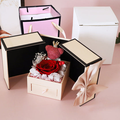 Charming Double Door Bear Rose Jewelry Box: Elegant Eternal Flower Design A&S Collection