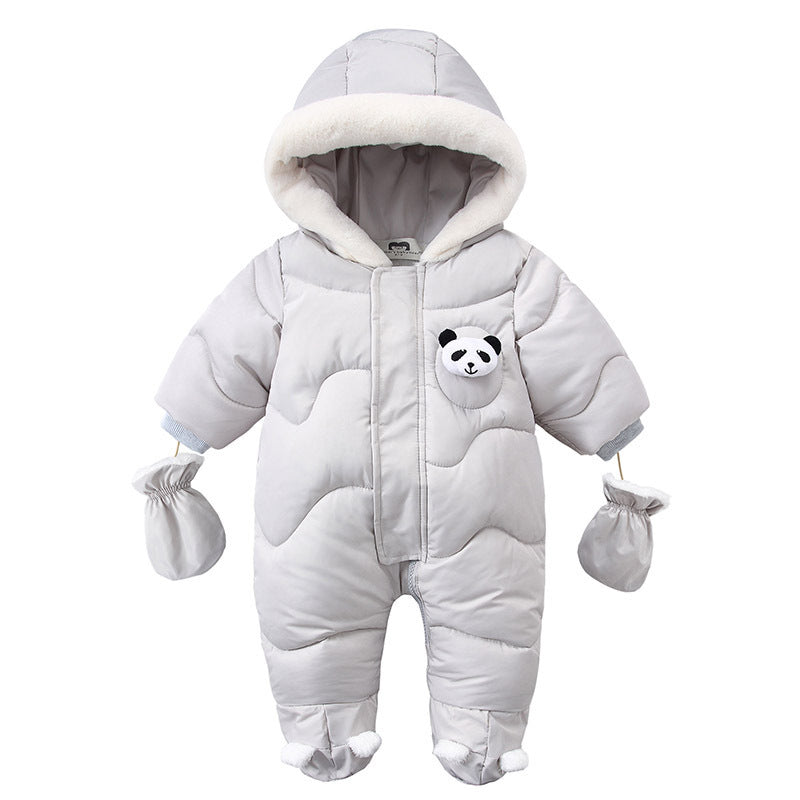 Adorable pink baby snowsuit with panda design, cozy hood, and mittens. A&S Collection