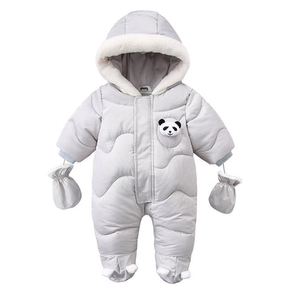 Adorable pink baby snowsuit with panda design, cozy hood, and mittens. A&S Collection