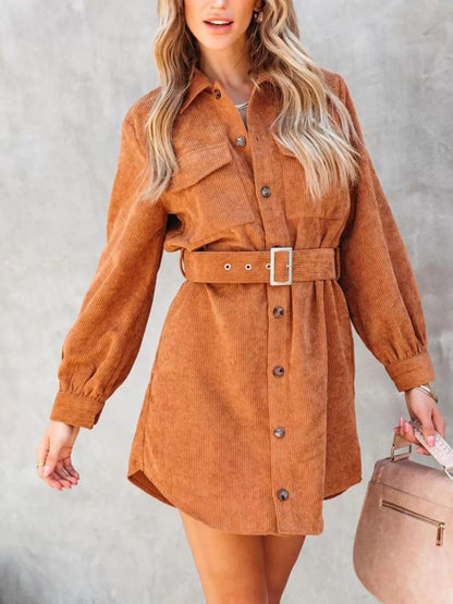Button Front Belt Long Sleeve Corduroy Dress.