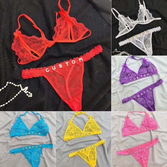 Custom Lingerie Set For Women Thong Panties Bra Set With Name Rhinestone Customized Thongs Personalized G-String Jewelry Gift CJ