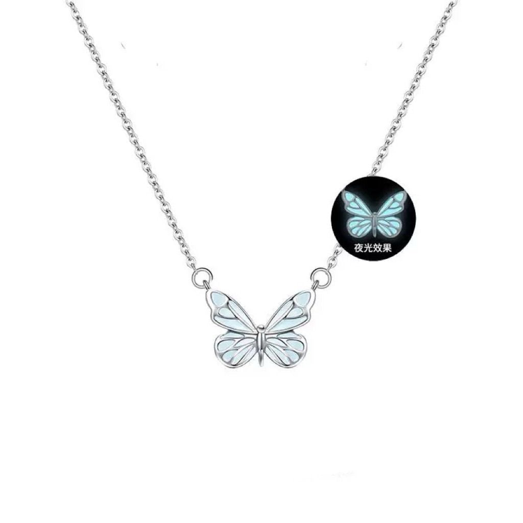 Glow-in-the-Dark Luminous Butterfly Jewelry Set: Stunning Blue Necklace and Bracelet Combo – Perfect Clavicle Chain Choker for Women’s Parties and Gifts" CJ