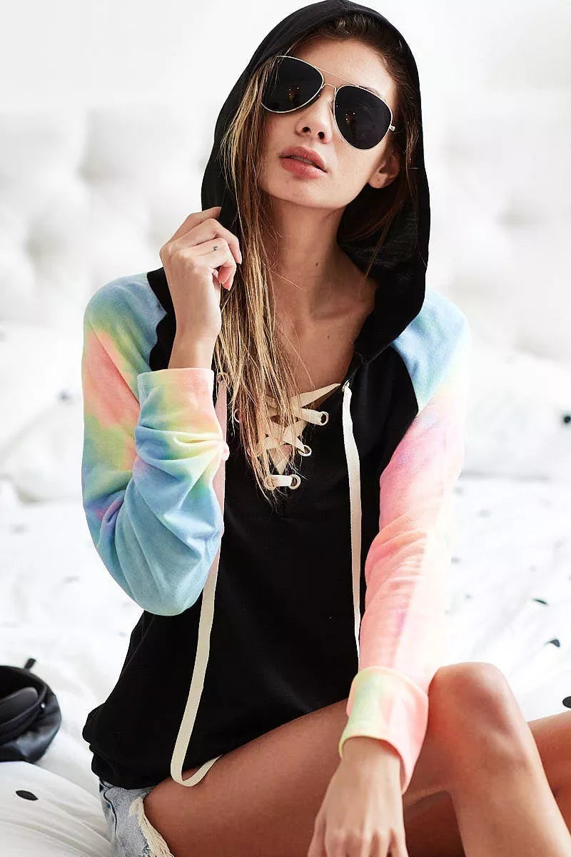 BiBi French Terry Lace Up Hoodie With Tie Dye Sleeves.