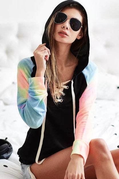 BiBi French Terry Lace Up Hoodie With Tie Dye Sleeves.