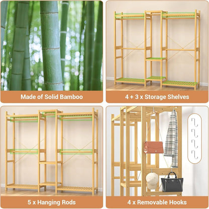 Bamboo Closet System Clothes Rack, Large Freestanding Garment Rack Clothing Rack for Hanging Clothes with 7 Storage Shelves and A&S Collection