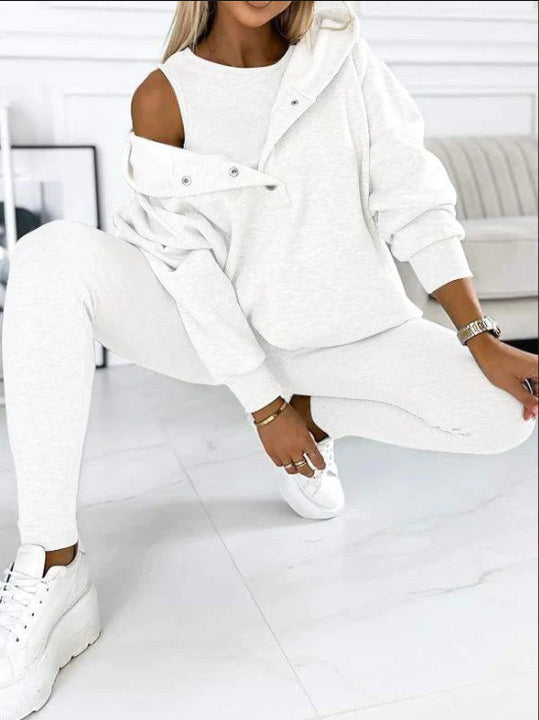3pcs Women's Sports Suit Loose Hooded Pockets Sweatshirt And Vest And Slim Trousers A&S Collection