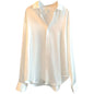 Elegant silk blouses in white, beige, olive, and black, neatly hung on wooden hangers A&S Collection