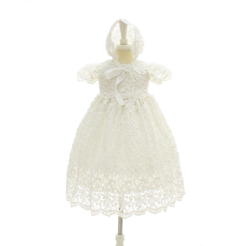 Elegant white lace dress with intricate patterns, short sleeves, and a scalloped hem for a timeless, classic look A&S Collection