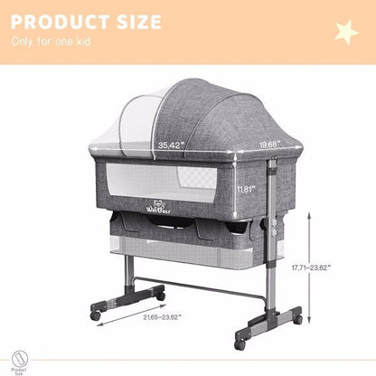 3-in-1 Bedside Crib With Mosquito Net, Large Storage Bag, Comfortable Mattress With Lockable Wheels, Grey CJ
