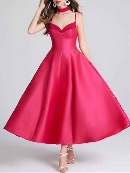 Sweetheart Spaghetti Strap Midi Dress with Collar.