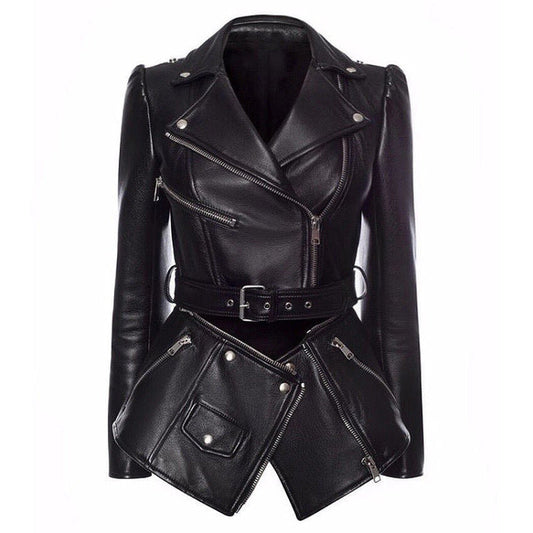 Autumn/winter British style women's motorcycle jacket with detachable hem, trim, and zipper leather coat A&S Collection