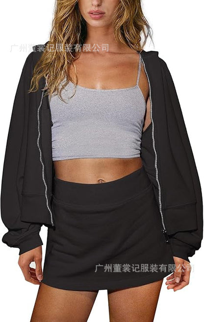 A two-piece set of a solid color long-sleeved hooded sweatshirt with a ribbed hem and a zipper Hypersku